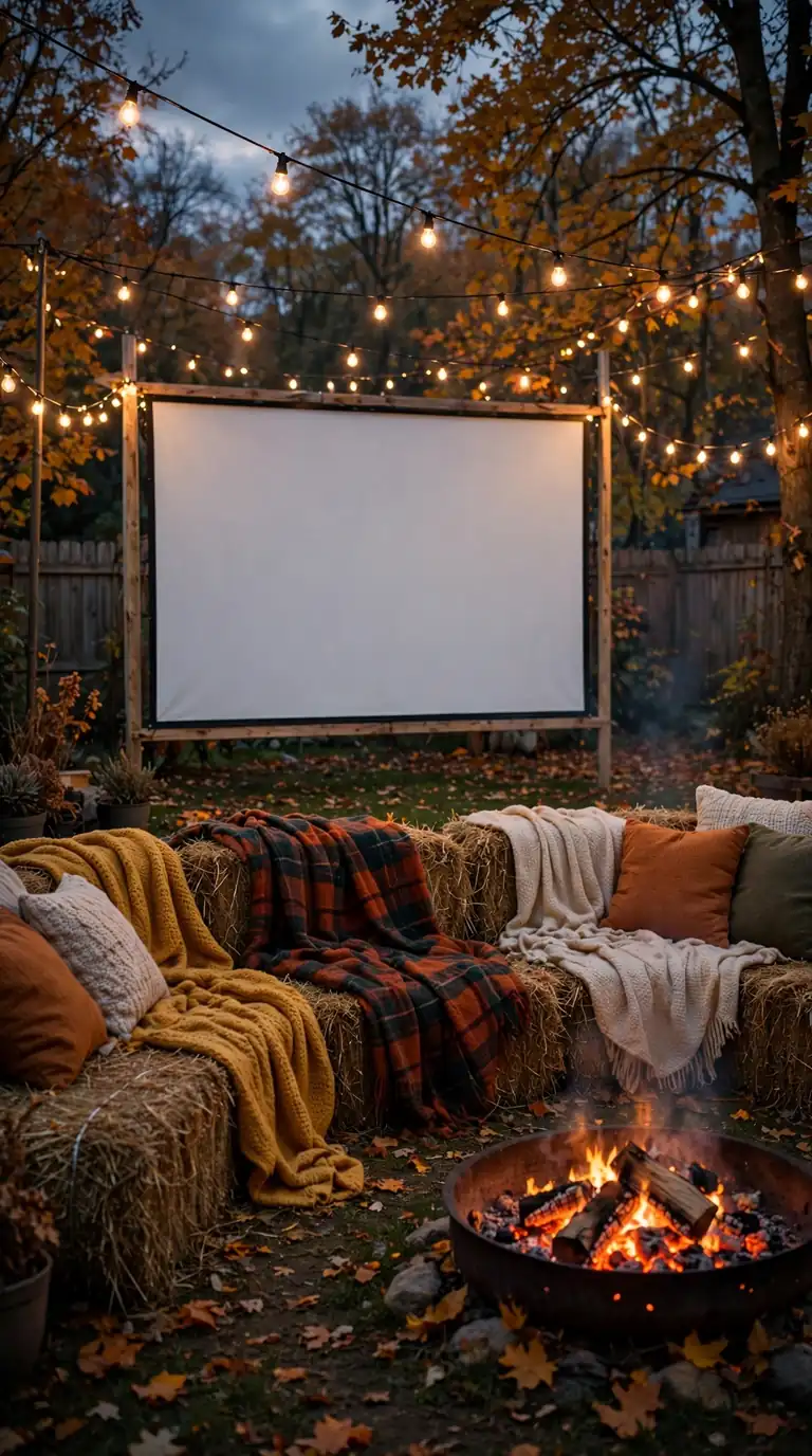Backyard movie night with hay bale seating, blankets and string lights at dusk