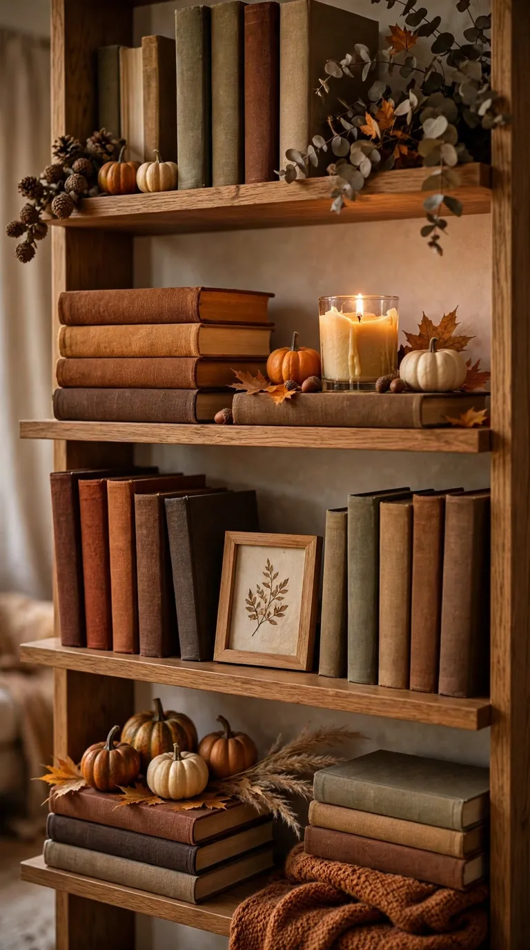 Bookshelf styled with fall accents, pumpkins and candles