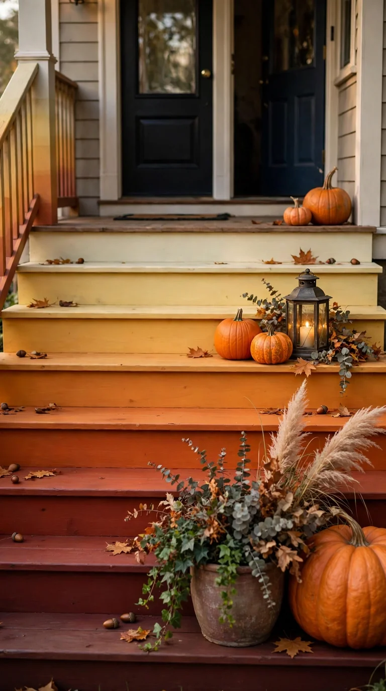 Fall porch steps styled with graduated pumpkins from large to small