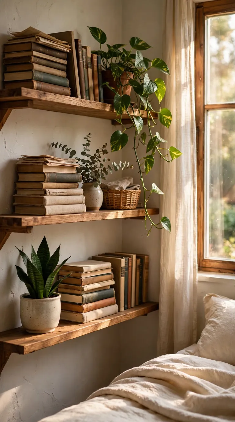 Cozy bedroom corner with leafy indoor plants and stacked books on shelves