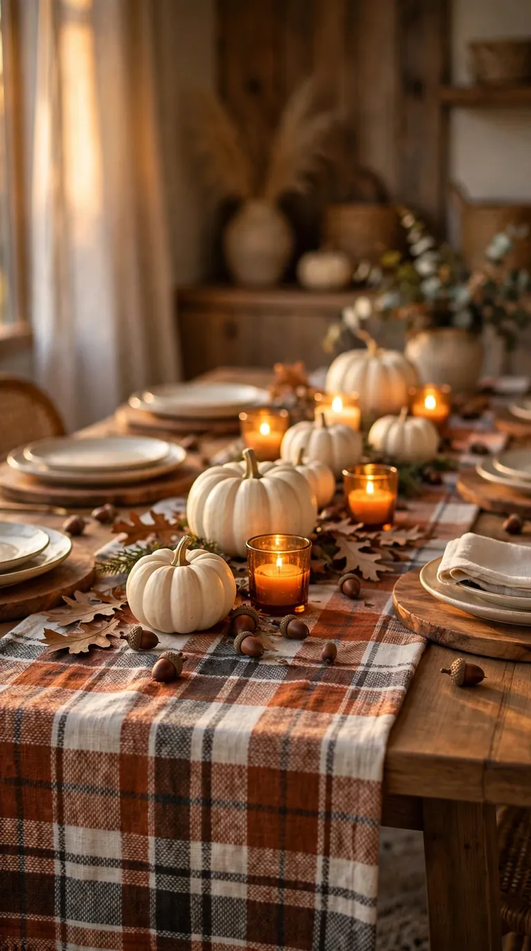 Cosy fall table with a plaid runner, wooden chargers, and small pumpkins