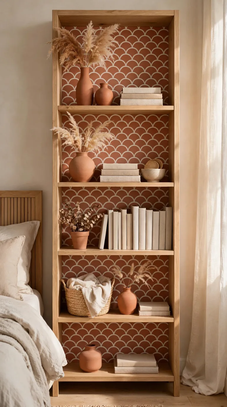 Terracotta scallop pattern wallpaper behind open bedroom shelves with terracotta vases and pampas grass