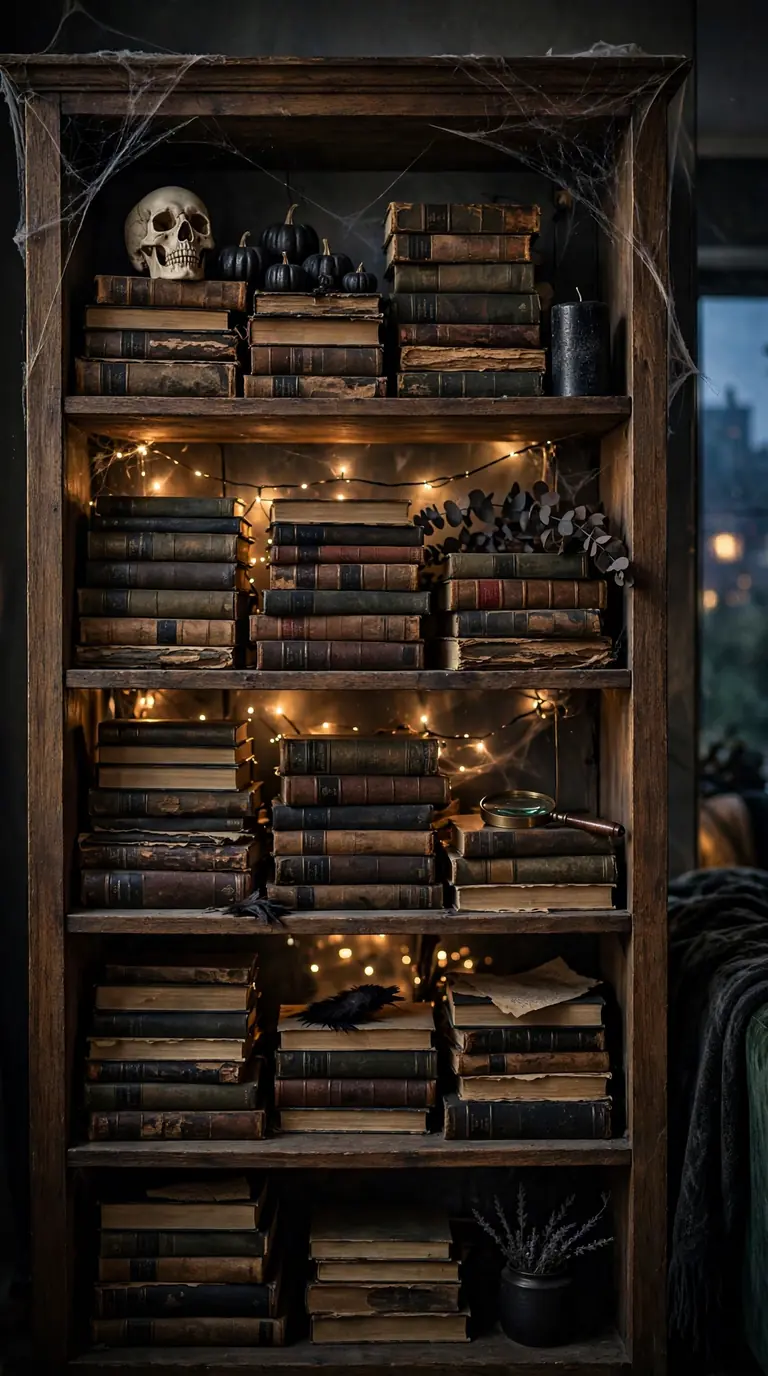Bookshelf styled with skulls, old books and small pumpkins for Halloween