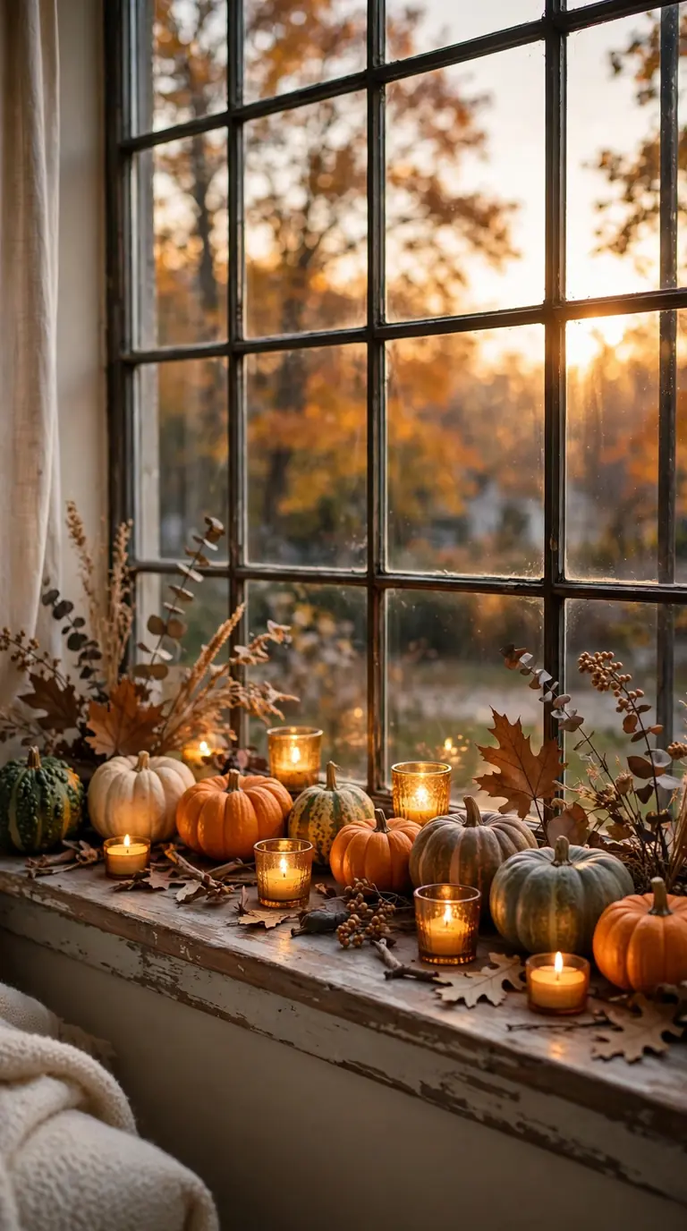 20 Fall Home Decor Ideas for a Warm Autumn Home 2026 Windowsill with pumpkins and glowing amber candles at dusk