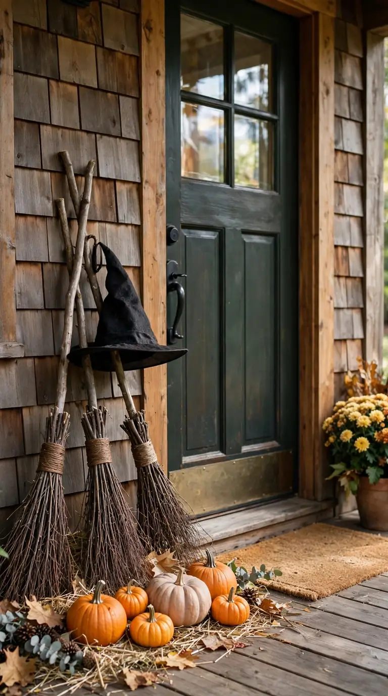 Rustic brooms leaned against a wall beside a front door as witch parking