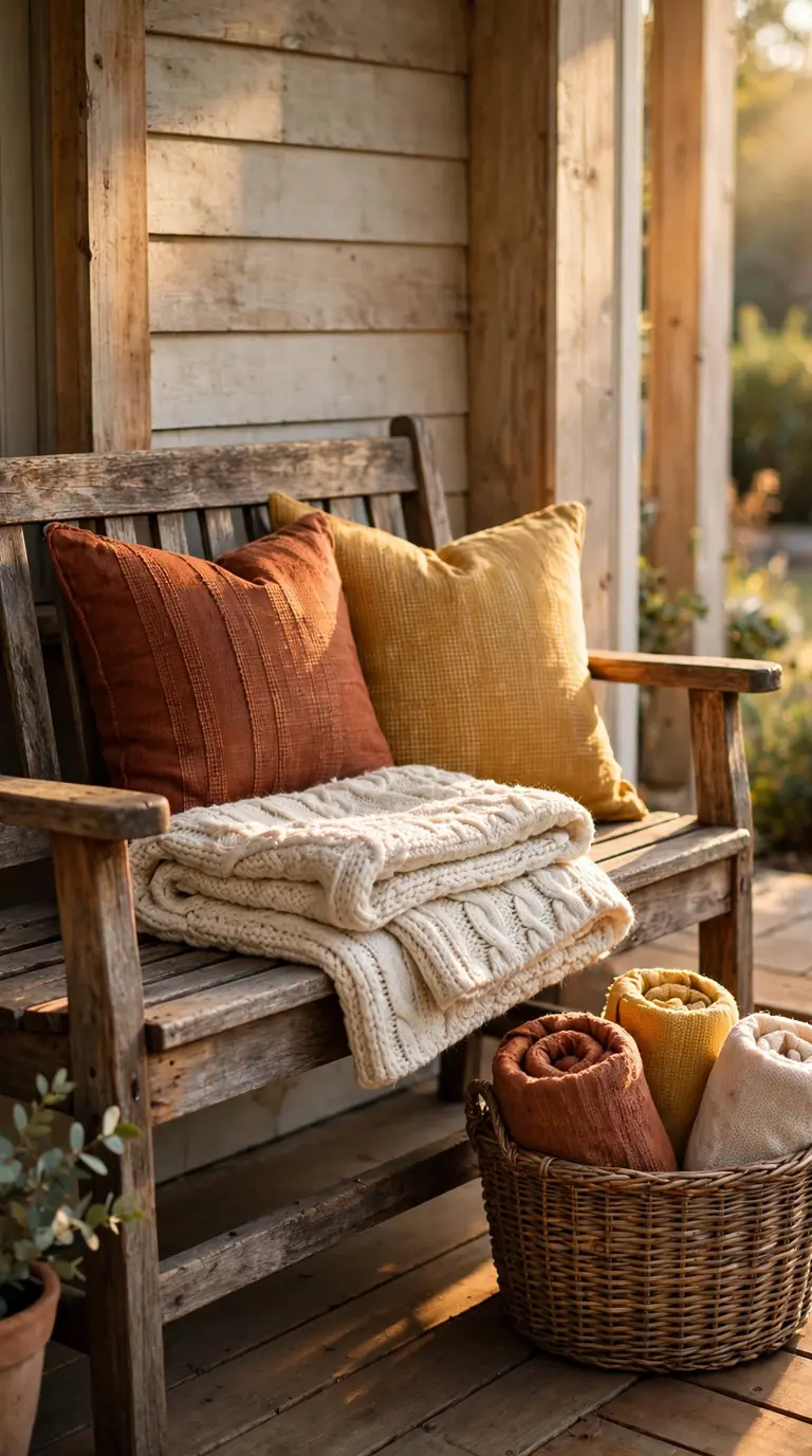 Wooden porch bench styled with fall pillows and a basket of blankets
