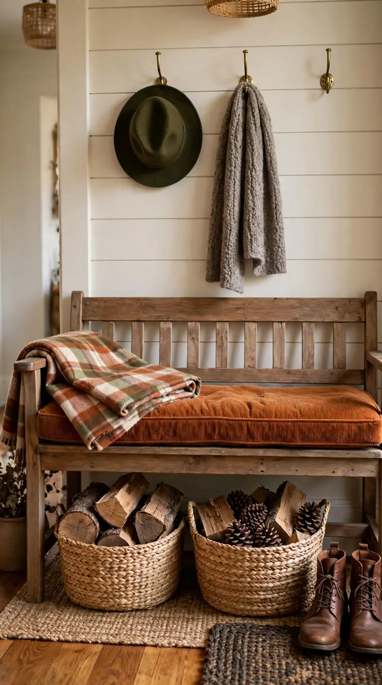20 Fall Home Decor Ideas for a Warm Autumn Home 2026 Entryway bench with baskets, plaid blanket, and boots