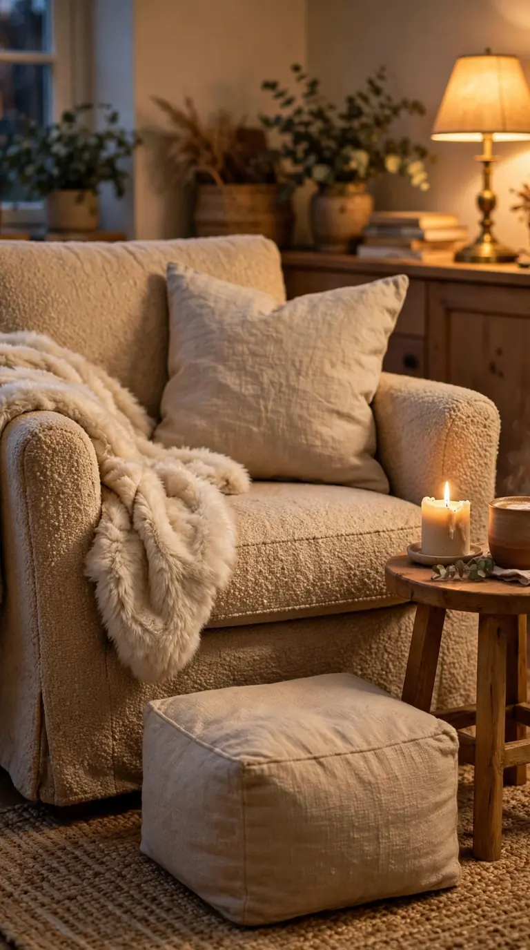 Armchair draped with a faux-fur throw and a cushion