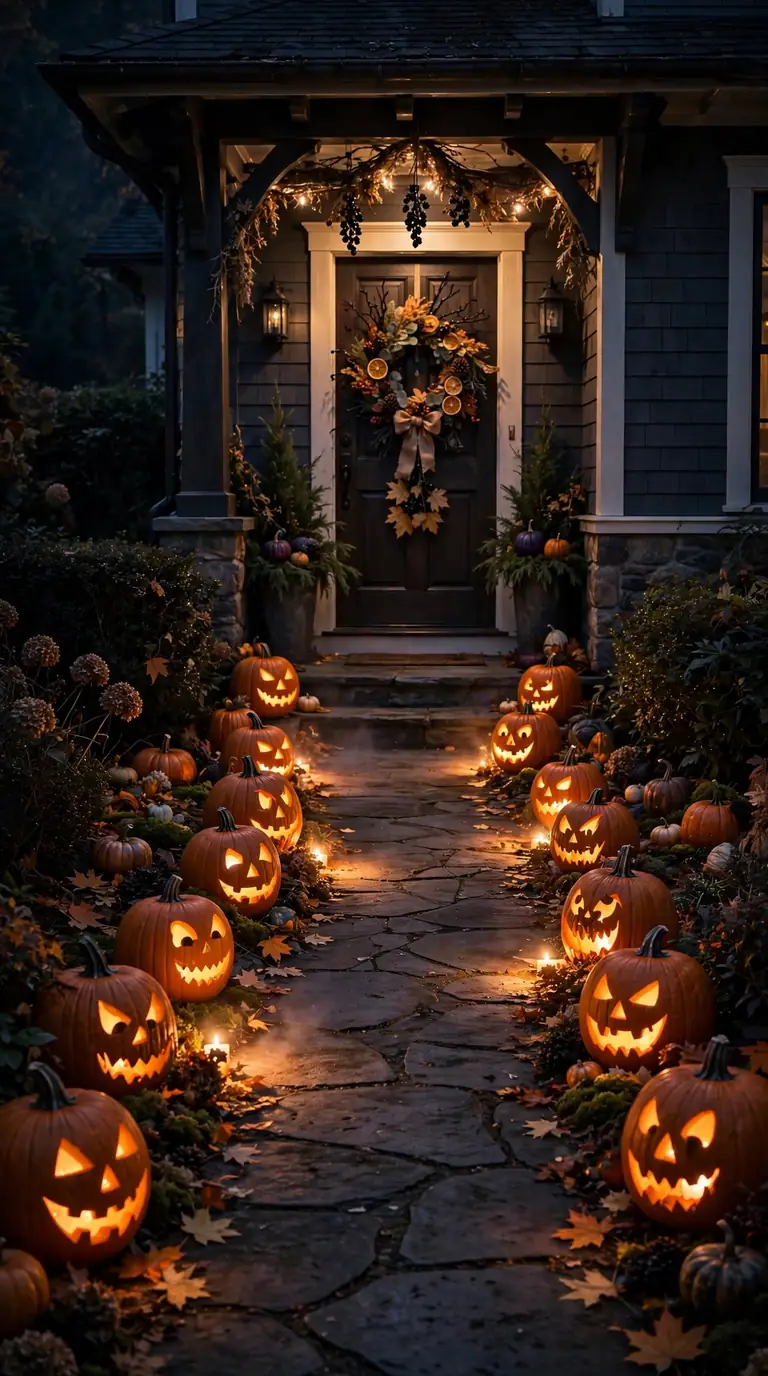 Walkway lined with glowing carved jack-o-lanterns leading to a front door