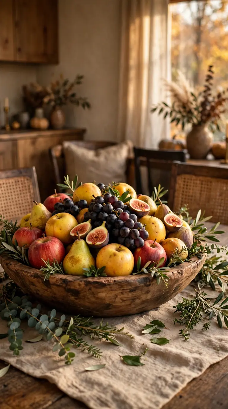 Large wooden bowl of apples, pears, and grapes as a fall table centrepiece