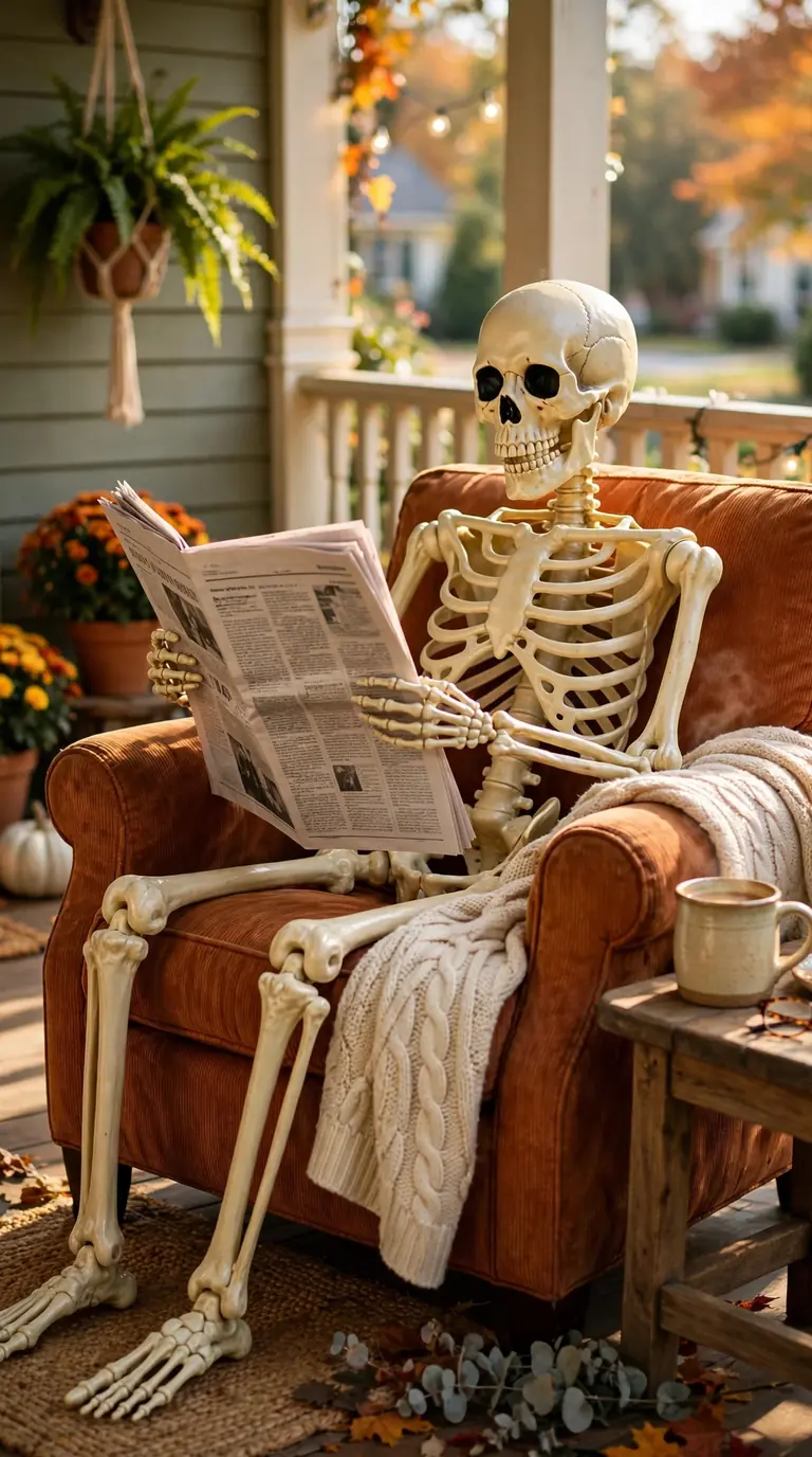Funny plastic skeleton reading a newspaper in an armchair