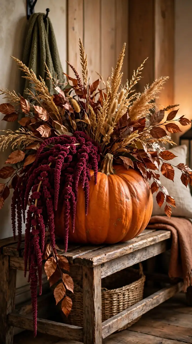 Large pumpkin with trailing burgundy amaranthus and golden grasses