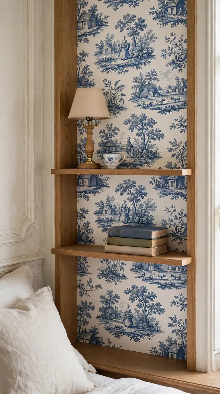 Blue and white toile de Jouy wallpaper behind bedside bedroom shelves styled with a lamp and novels