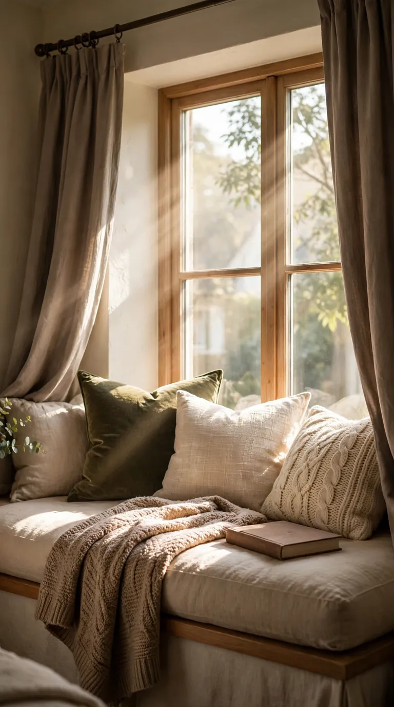 Window seat with thick cushions and blankets in a cozy bedroom