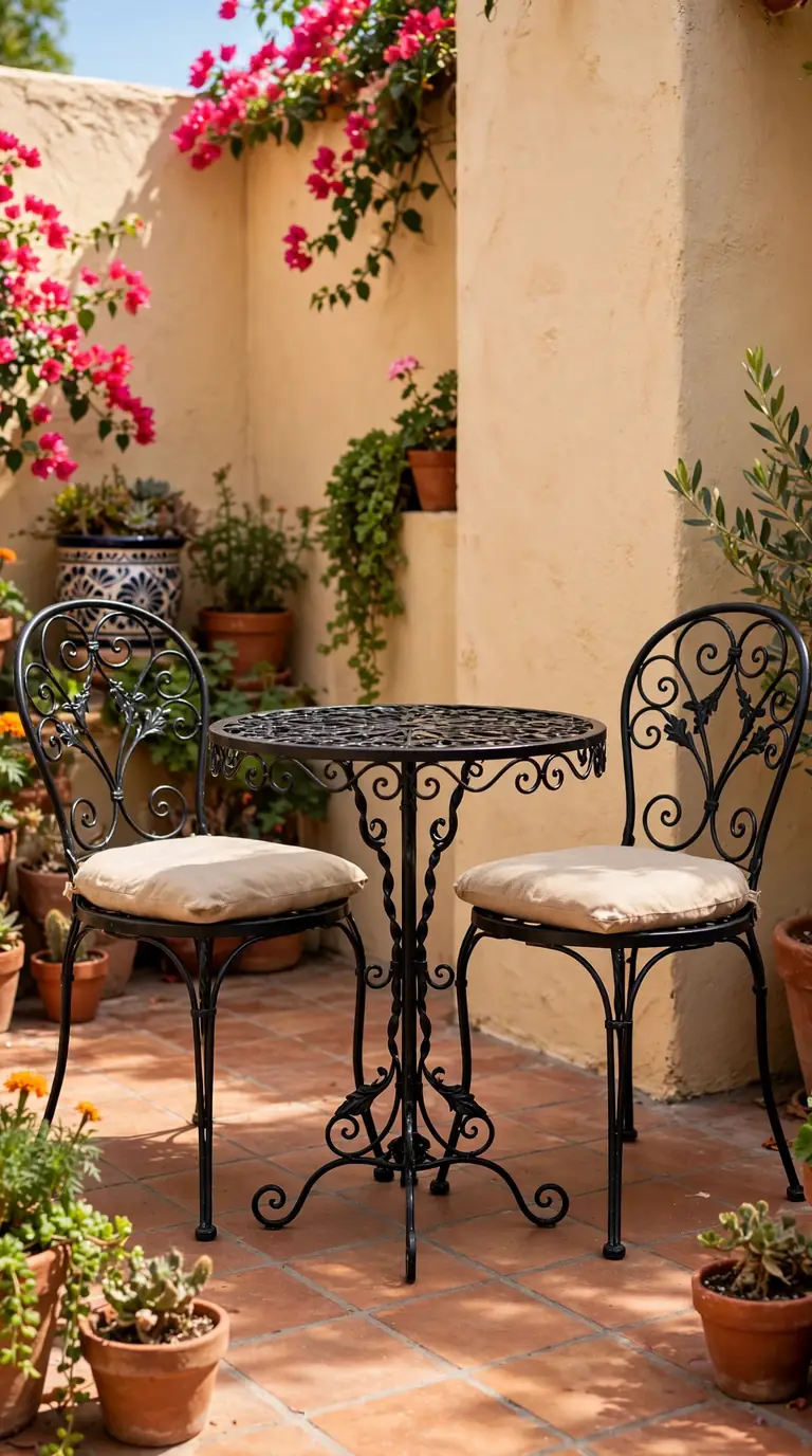 Black wrought iron bistro table and chairs set in a sunny Mexican backyard corner