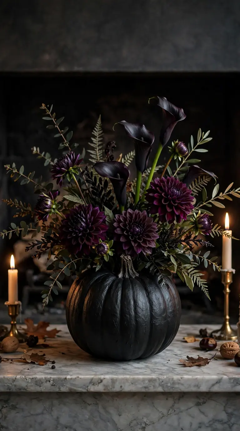 Matte black pumpkin with dark plum dahlias and black calla lilies