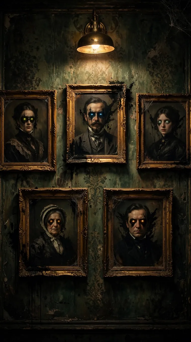 Creepy thrift store portrait gallery wall for Halloween hallway