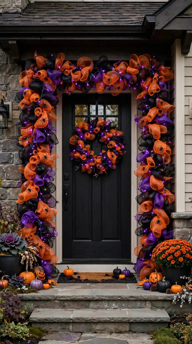 Orange black and purple deco mesh garland framing a front door with spiders