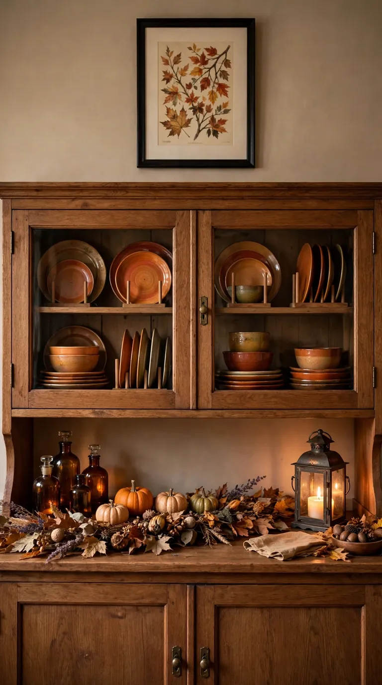 20 Fall Home Decor Ideas for a Warm Autumn Home 2026 Sideboard styled with pumpkins, amber bottles, and a candle lantern