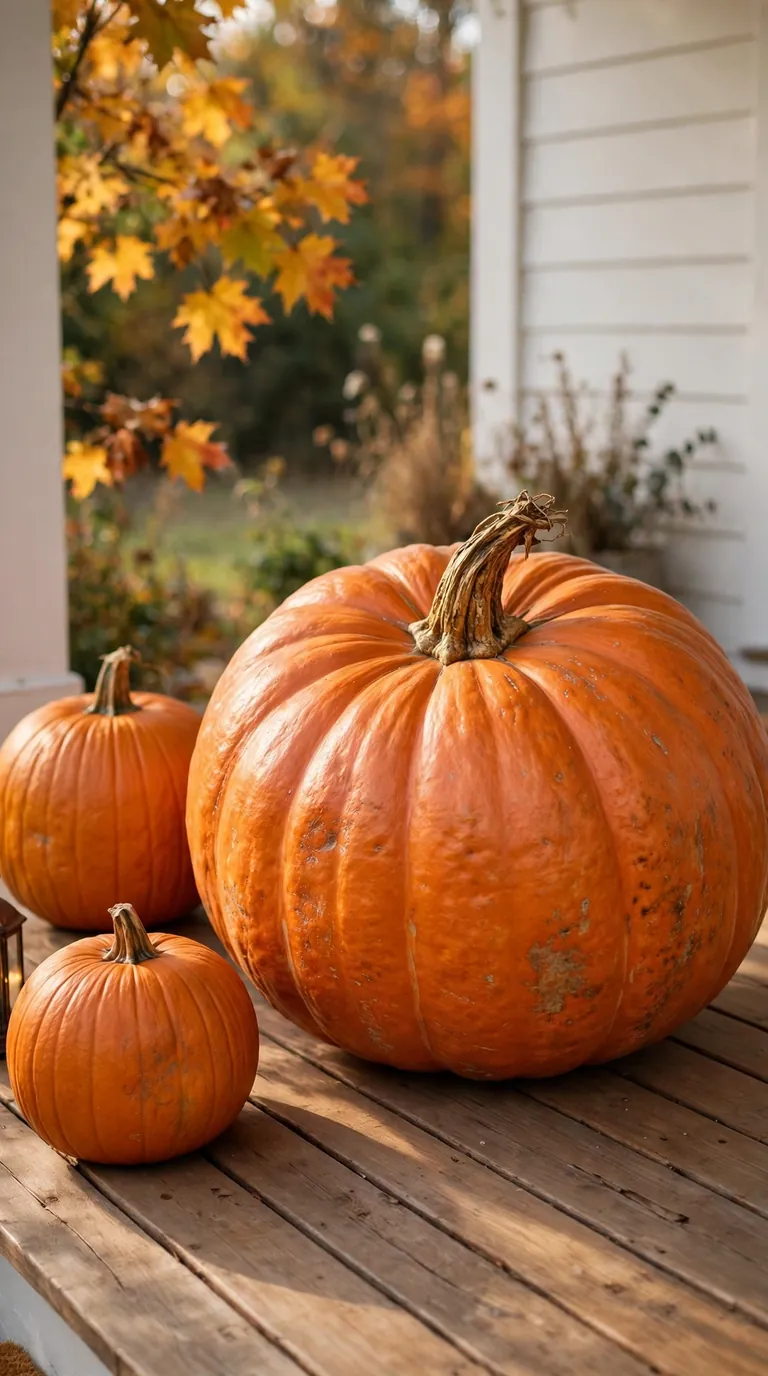 Single oversized pumpkin as a statement piece on a fall front porch