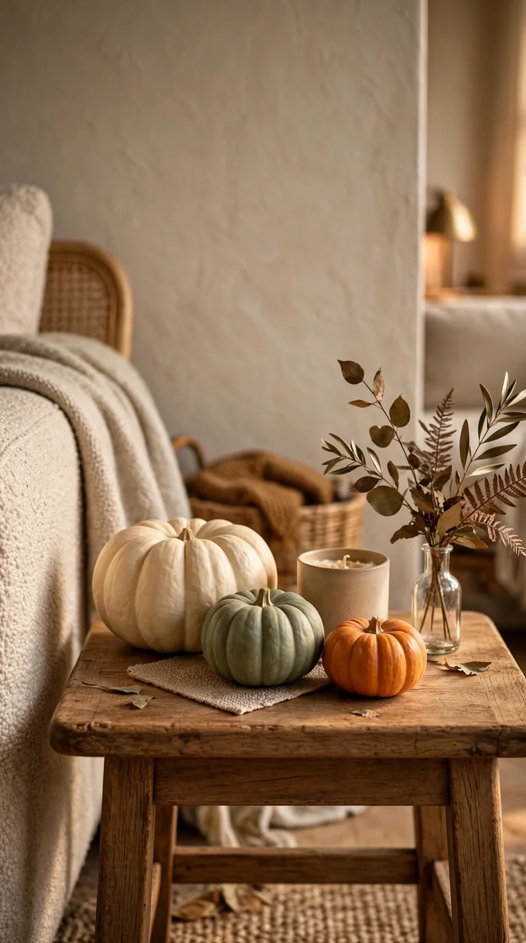 Side table with three mini pumpkins and a small candle