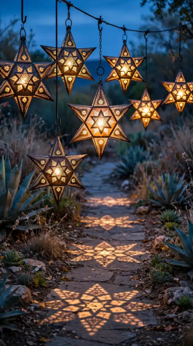 Punched tin star lanterns glowing along a garden path in a Mexican backyard at dusk