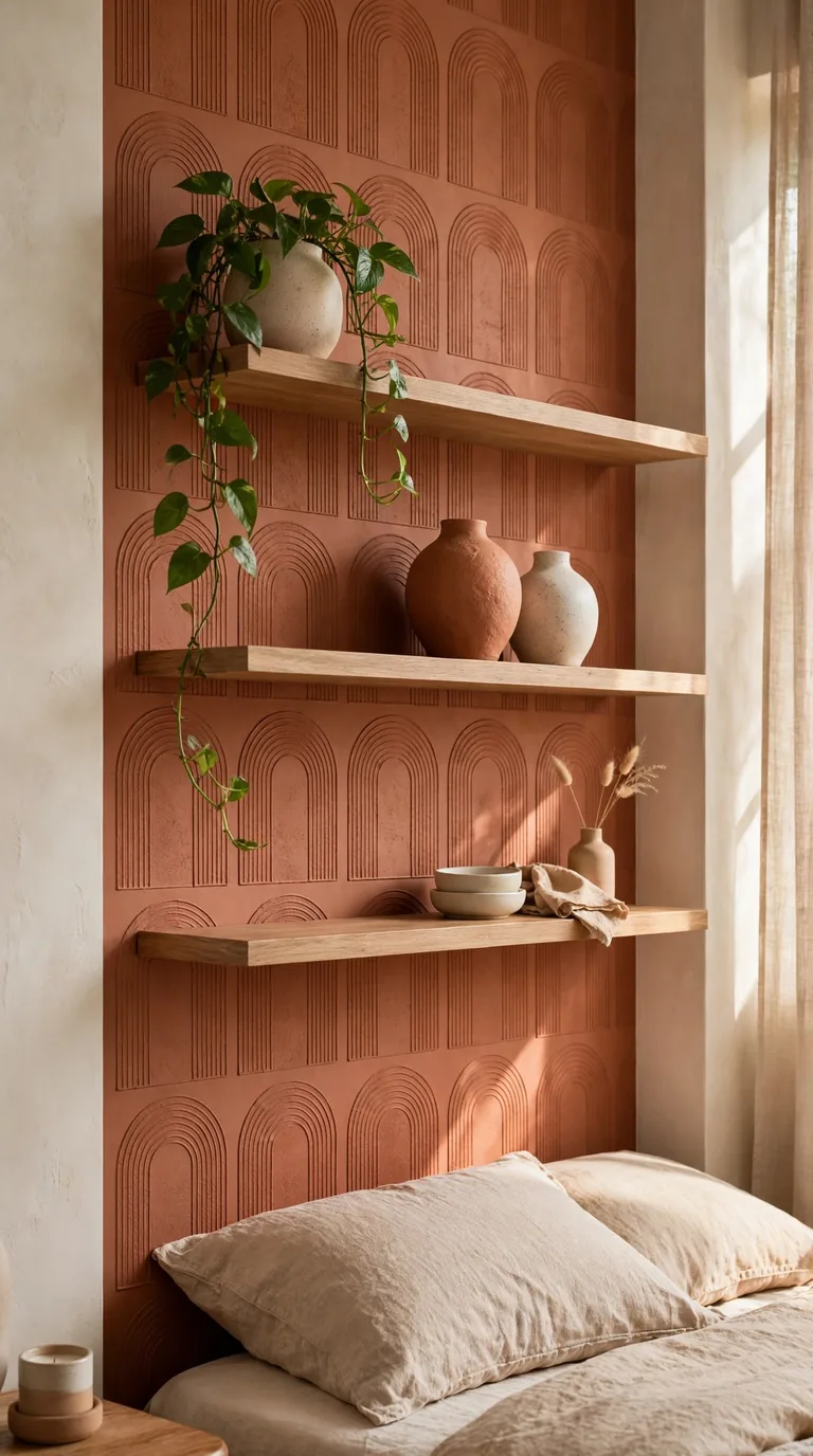 Warm terracotta arch pattern wallpaper panel behind floating bedroom shelves with a trailing plant