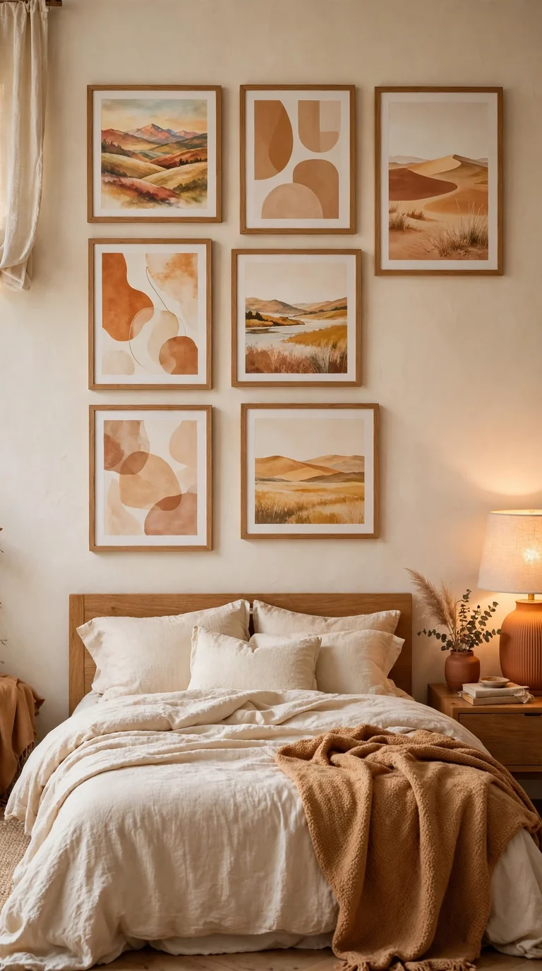 Gallery wall with warm-toned art prints above a bed in a cozy bedroom