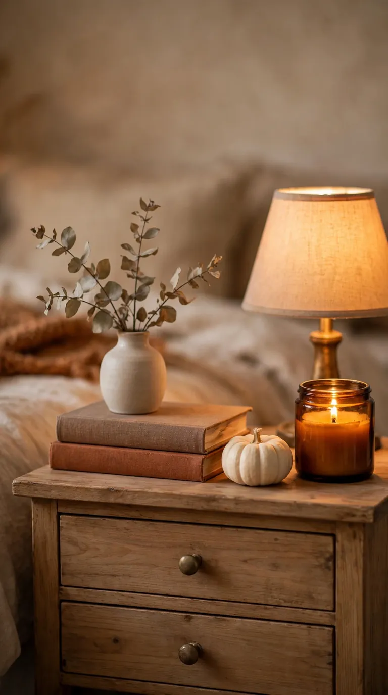 20 Fall Home Decor Ideas for a Warm Autumn Home 2026 Nightstand with lamp, pumpkin, candle, and eucalyptus