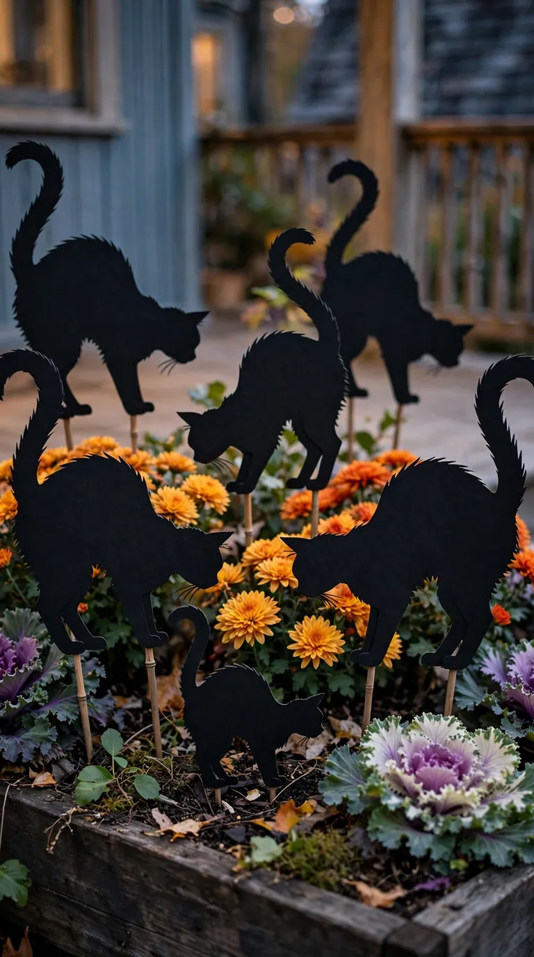 Black cat silhouette stakes in fall porch planters