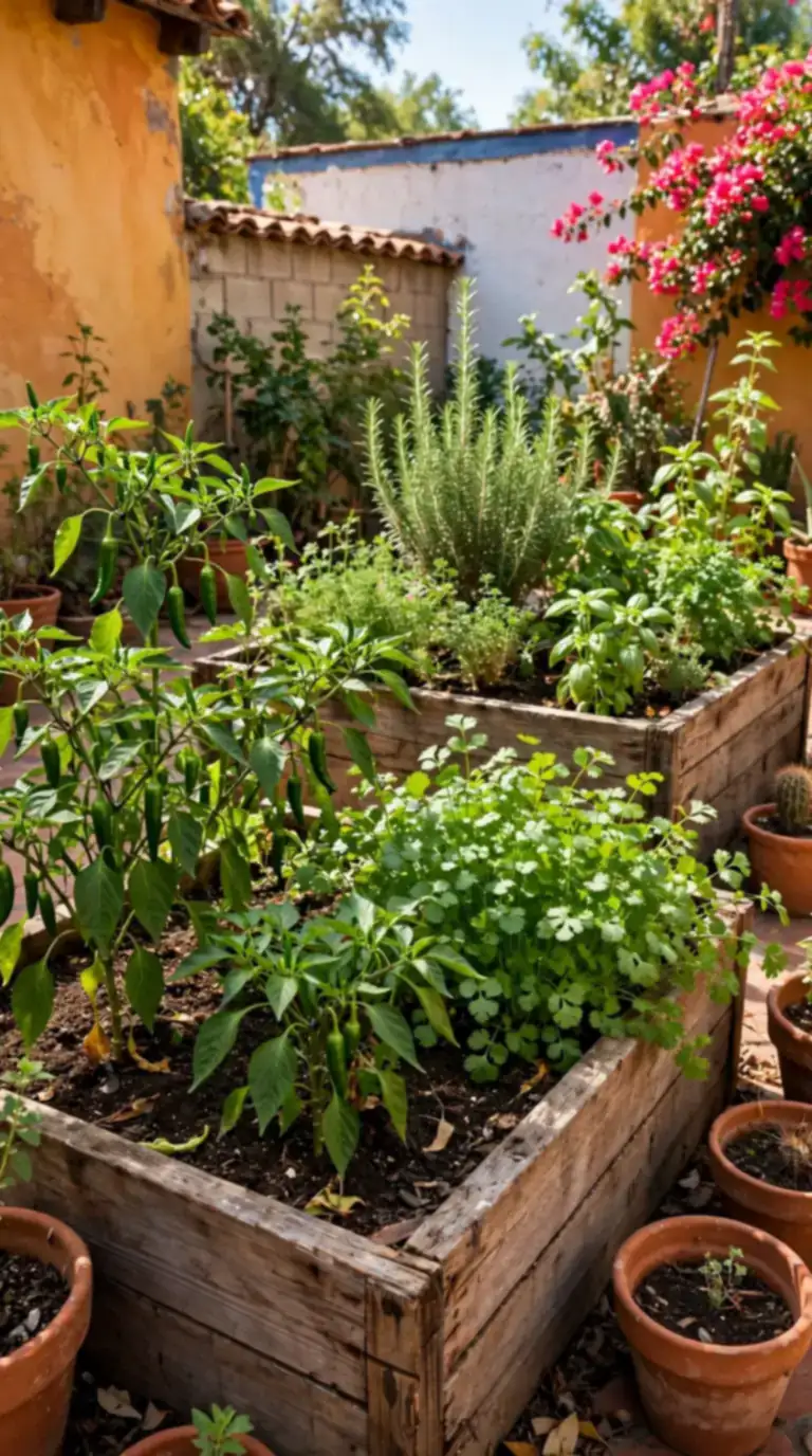 Raised garden beds growing chiles, cilantro and herbs in a Mexican backyard vegetable garden
