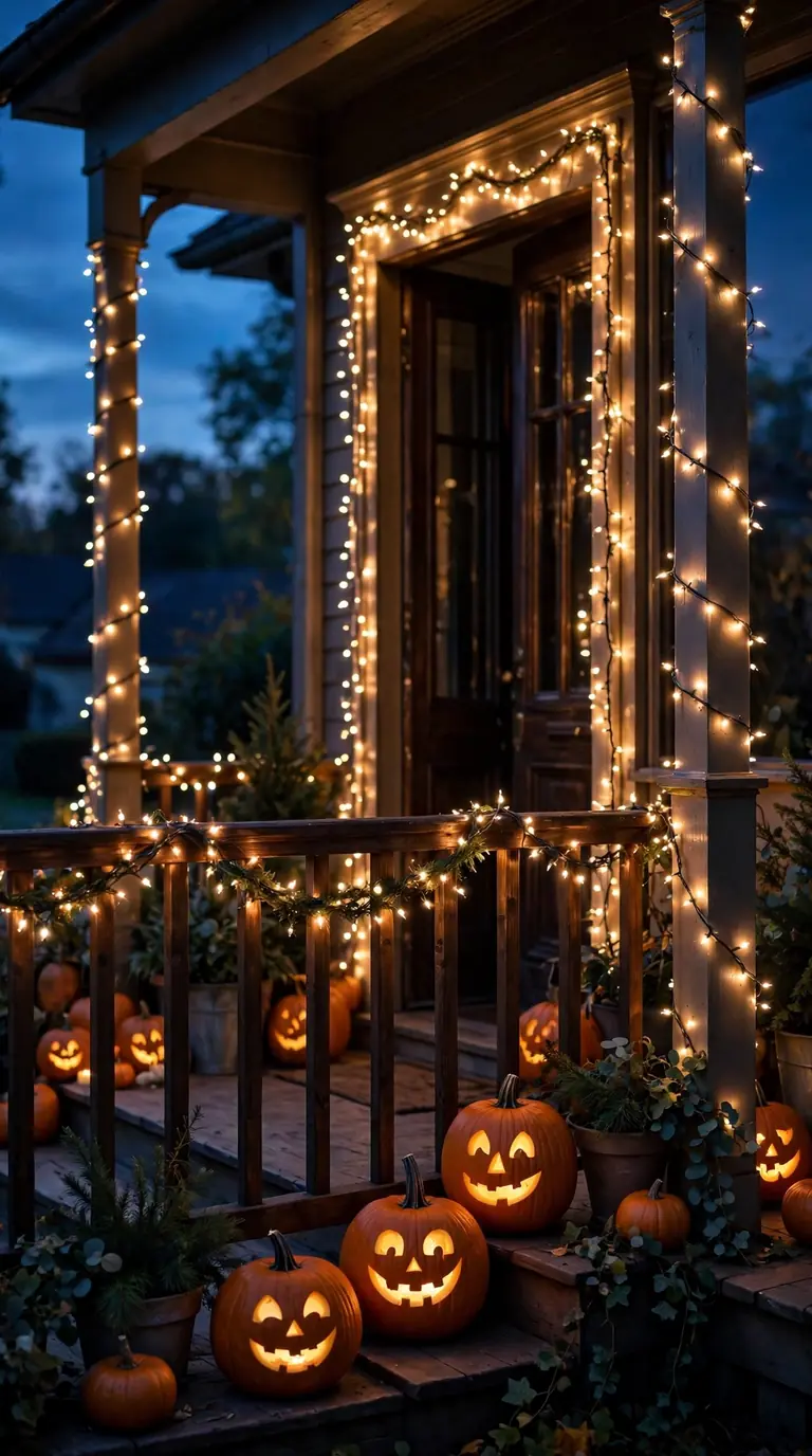 Warm white string lights glowing on a fall front porch at night
