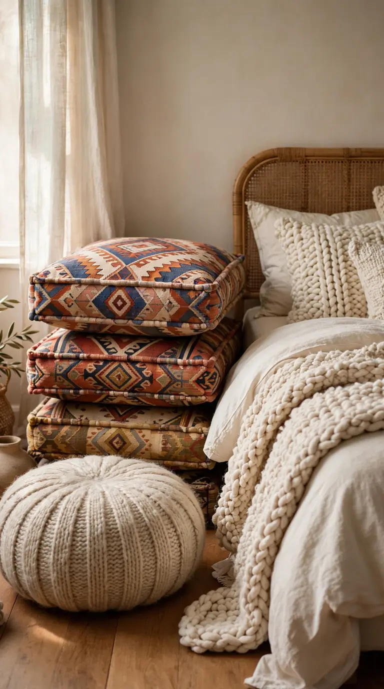Wool pouf and floor cushions beside a bed in a cozy bedroom