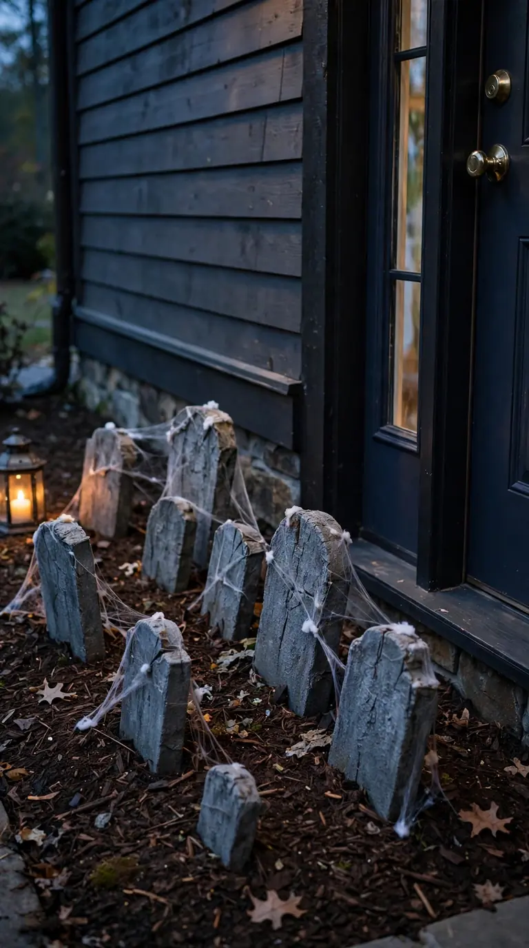 Small foam tombstone graveyard with cobwebs and a lantern beside a front door