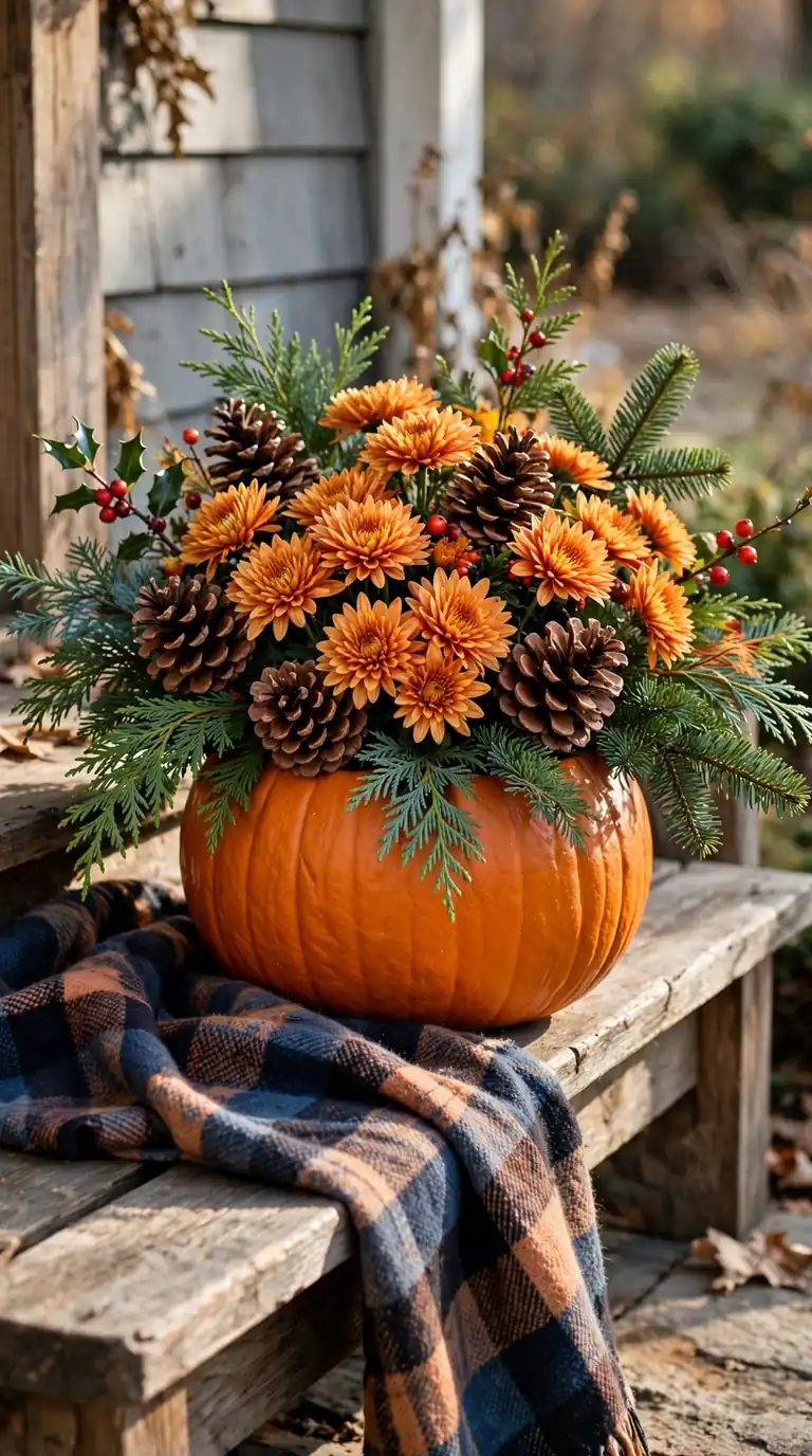 Orange pumpkin with mums, pinecones and evergreen branches for fall to winter