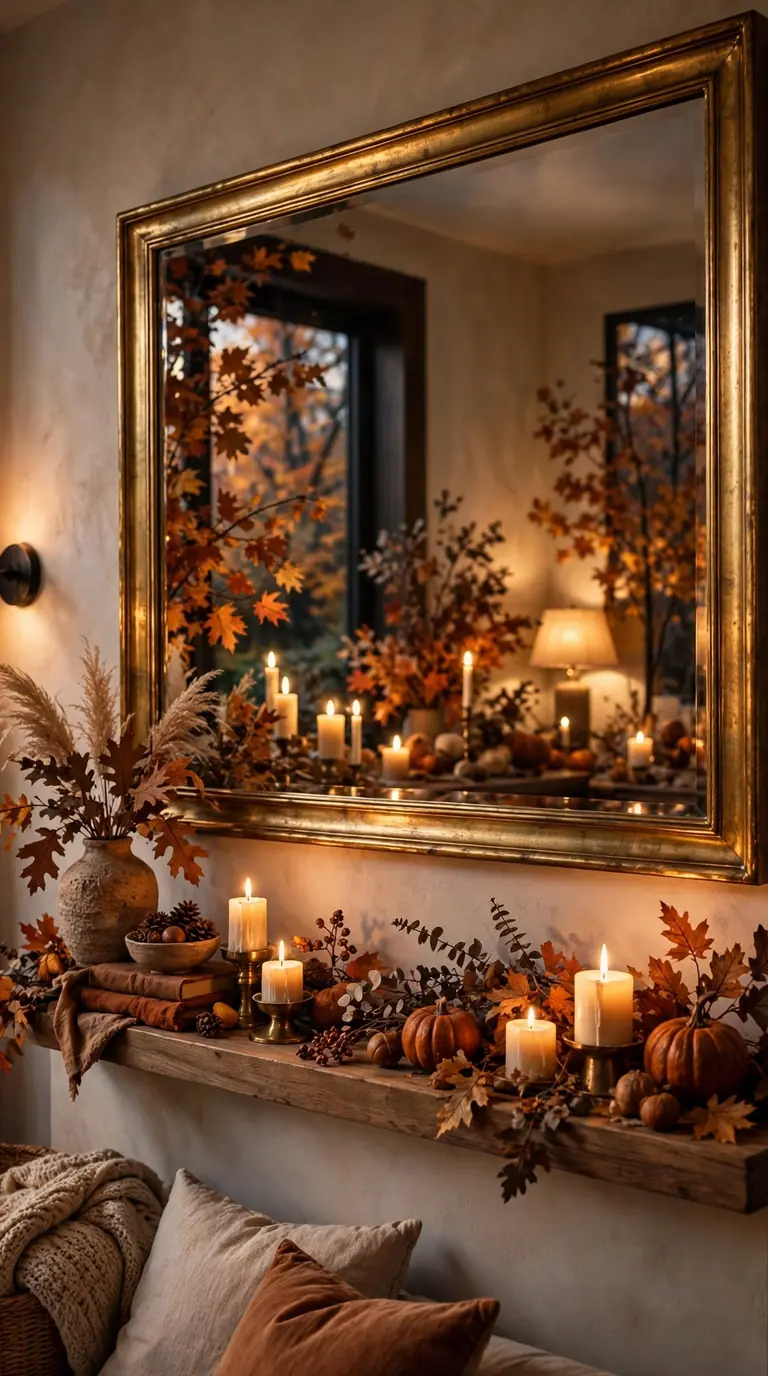 Statement mirror with warm brass frame on living room wall