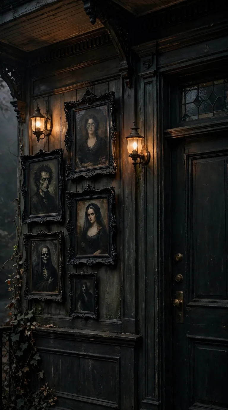 Haunted vintage portraits in black frames hanging on a porch wall beside a door
