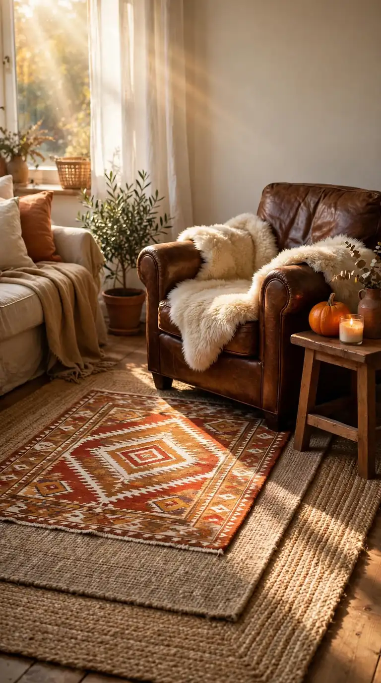 20 Fall Home Decor Ideas for a Warm Autumn Home 2026 Living room with layered rugs in rust, cream, and caramel