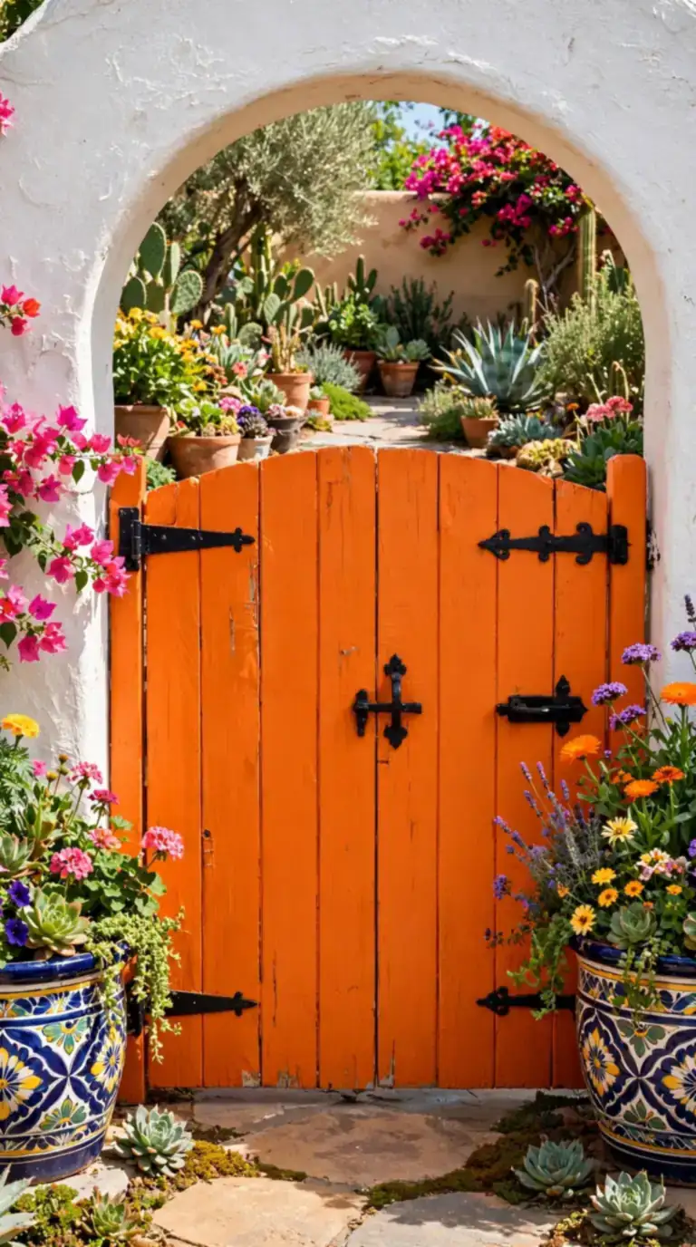 Bright tangerine painted wooden gate under a stucco arch welcoming into a Mexican backyard