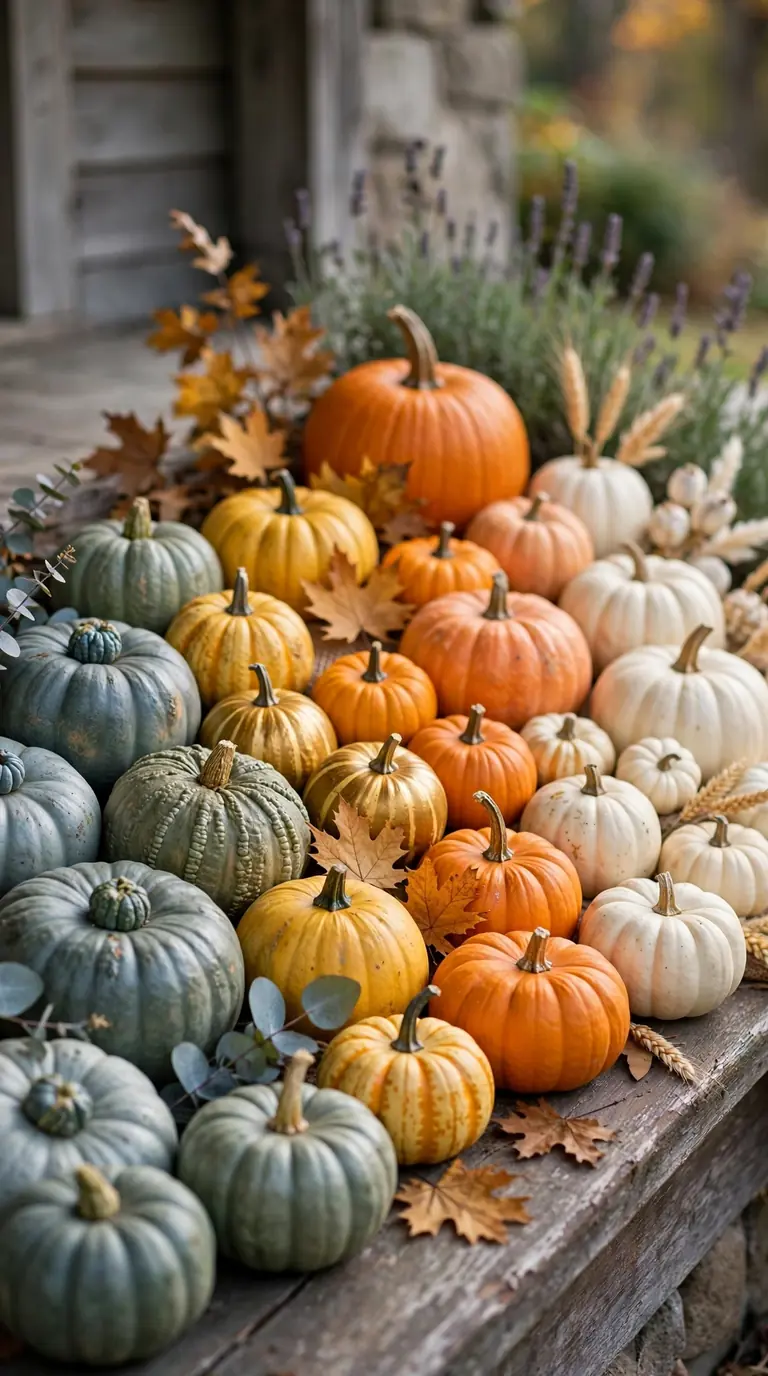 Pumpkins and gourds arranged in a color gradient on a fall porch