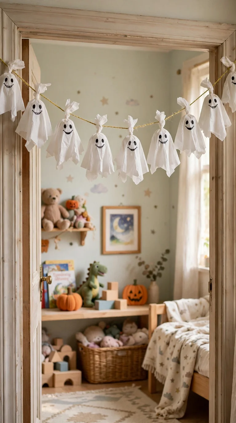 White tissue ghost garland hanging in a kids bedroom doorway