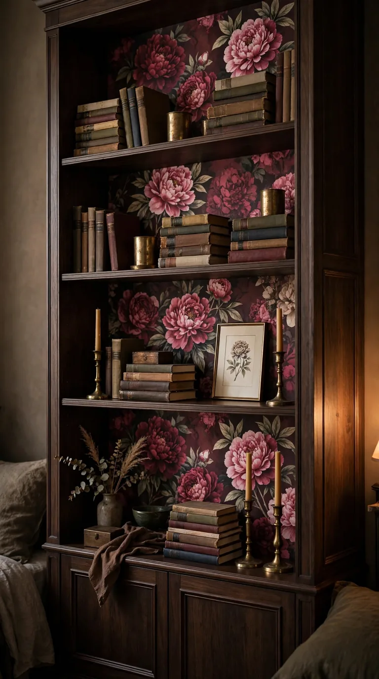 Bold pink and burgundy peony shelf wallpaper behind a dark wood bedroom bookcase styled with brass candles