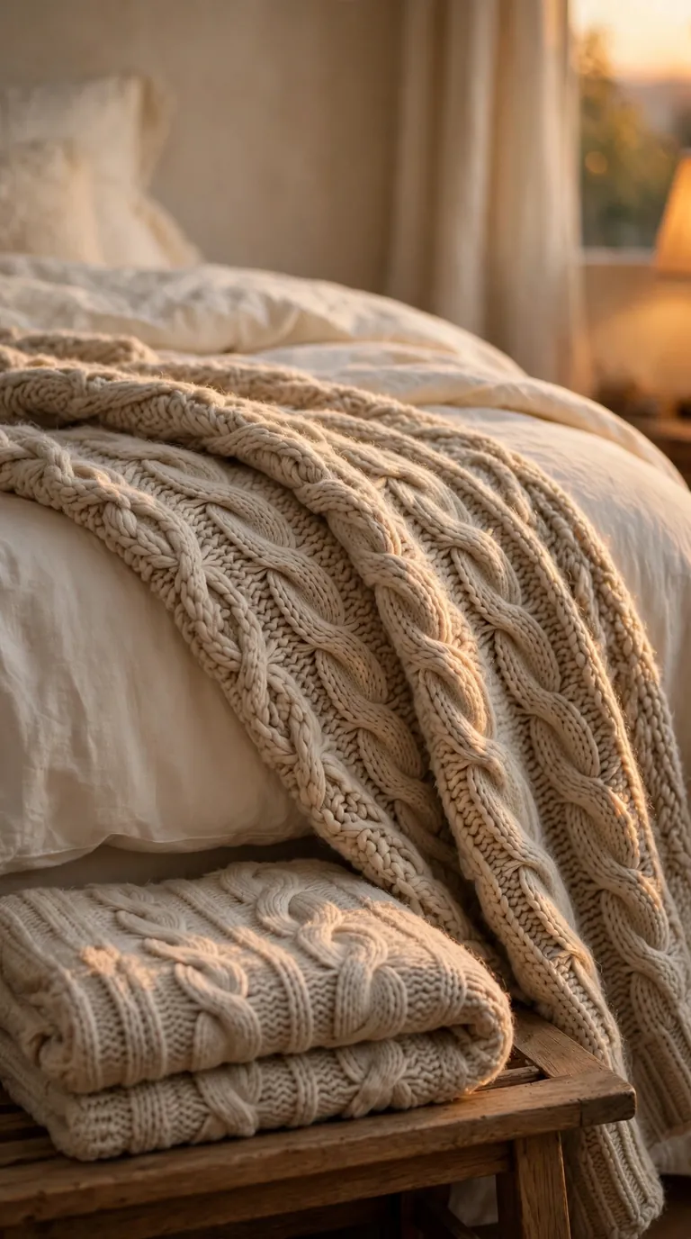 Chunky knit throw draped over the foot of a cozy bed