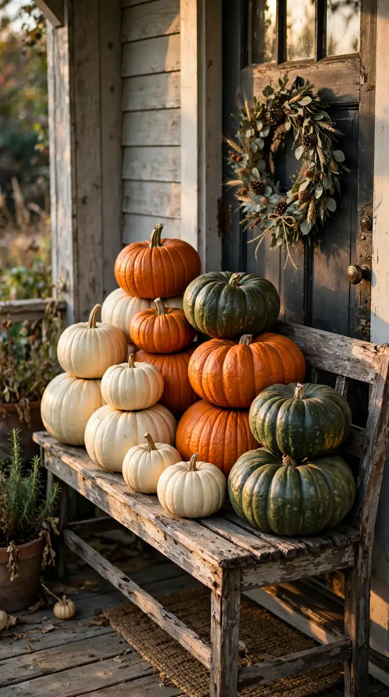 Heirloom pumpkins in cream, orange and green stacked on a vintage wooden bench by a back door