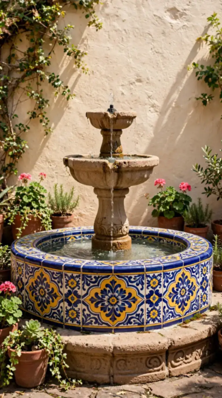 Hand-painted Talavera tile courtyard fountain with cantera stone basin in a Mexican backyard