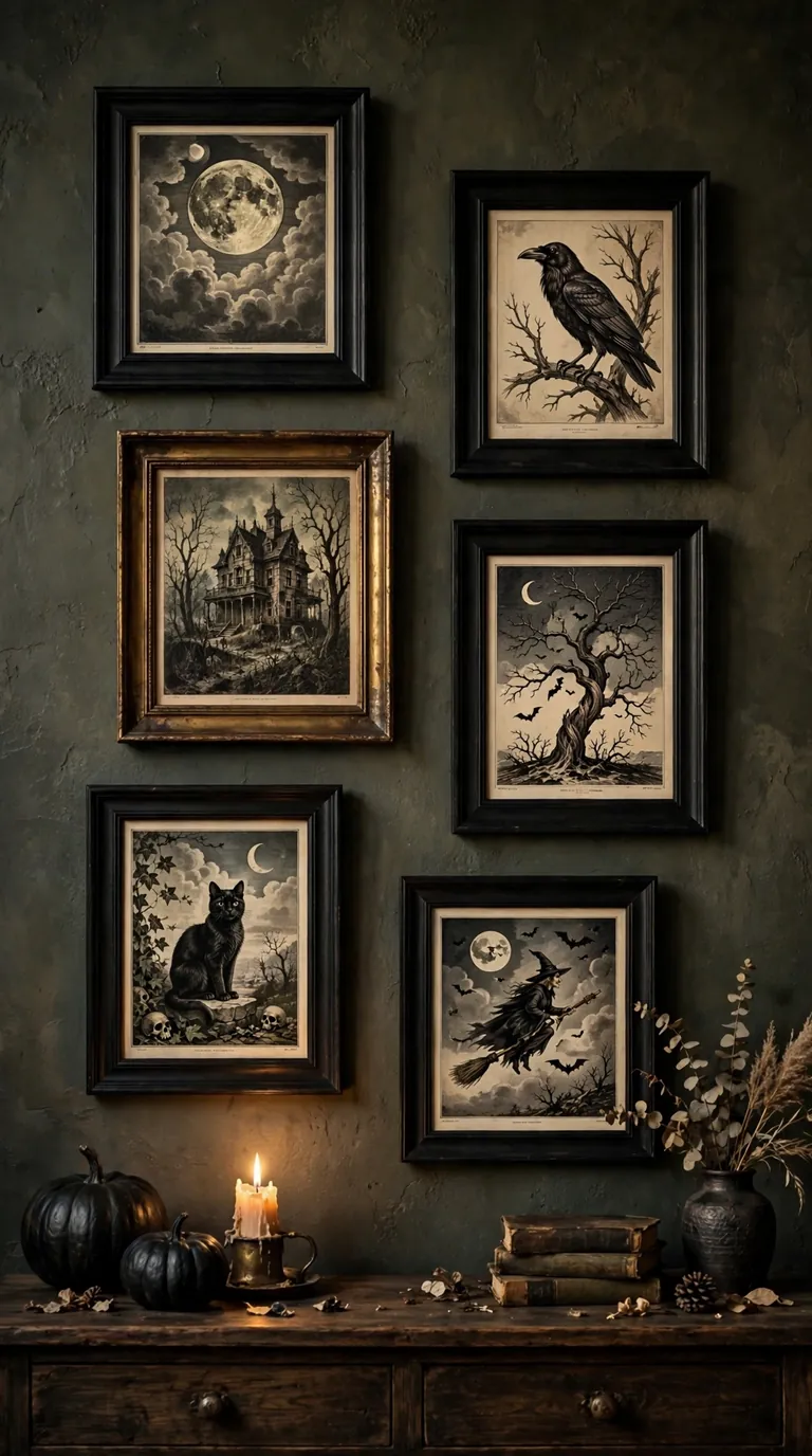 Haunted gallery wall of vintage Halloween prints in black frames