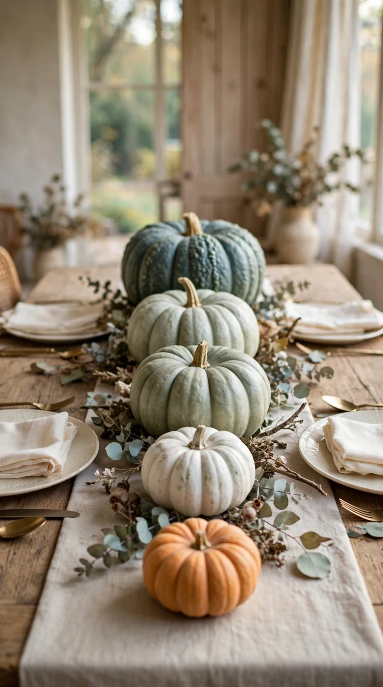 Autumn tablescape with heirloom pumpkins in blue, white, and muted orange down the centre