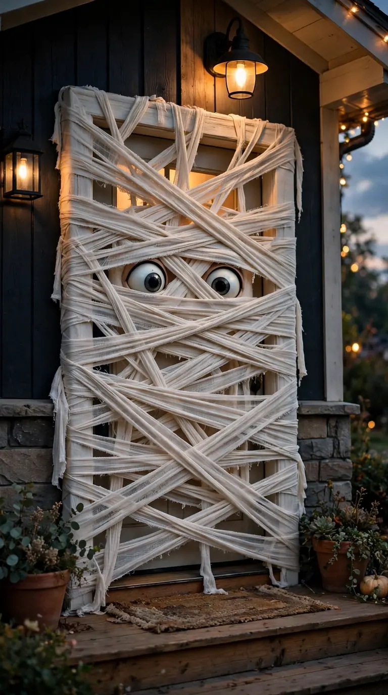 Front door wrapped in white gauze strips like a mummy with peeking eyes