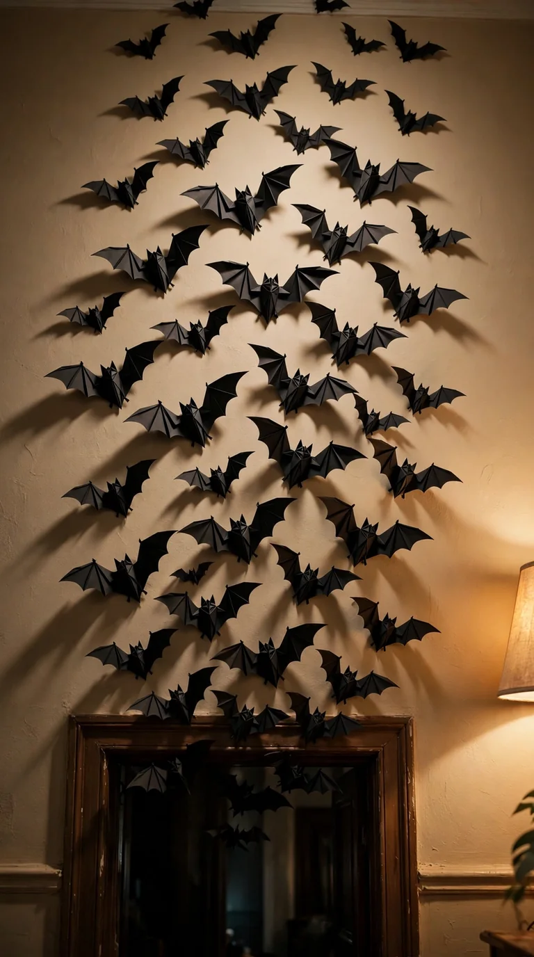 Black paper bat swarm climbing a living room wall for Halloween