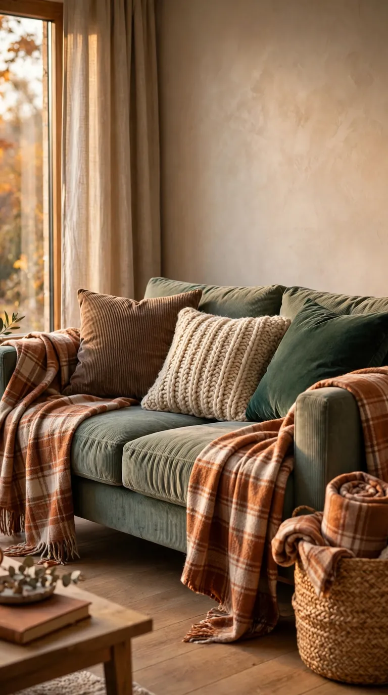 Sofa draped with plaid and knit throw blankets in rust and cream